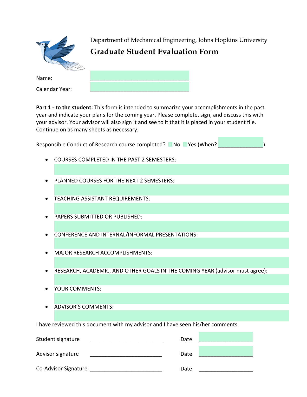 Graduate Student Evaluation Form screenshot