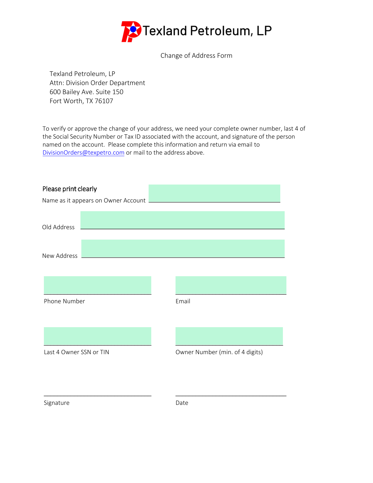 Change Of Address Form screenshot