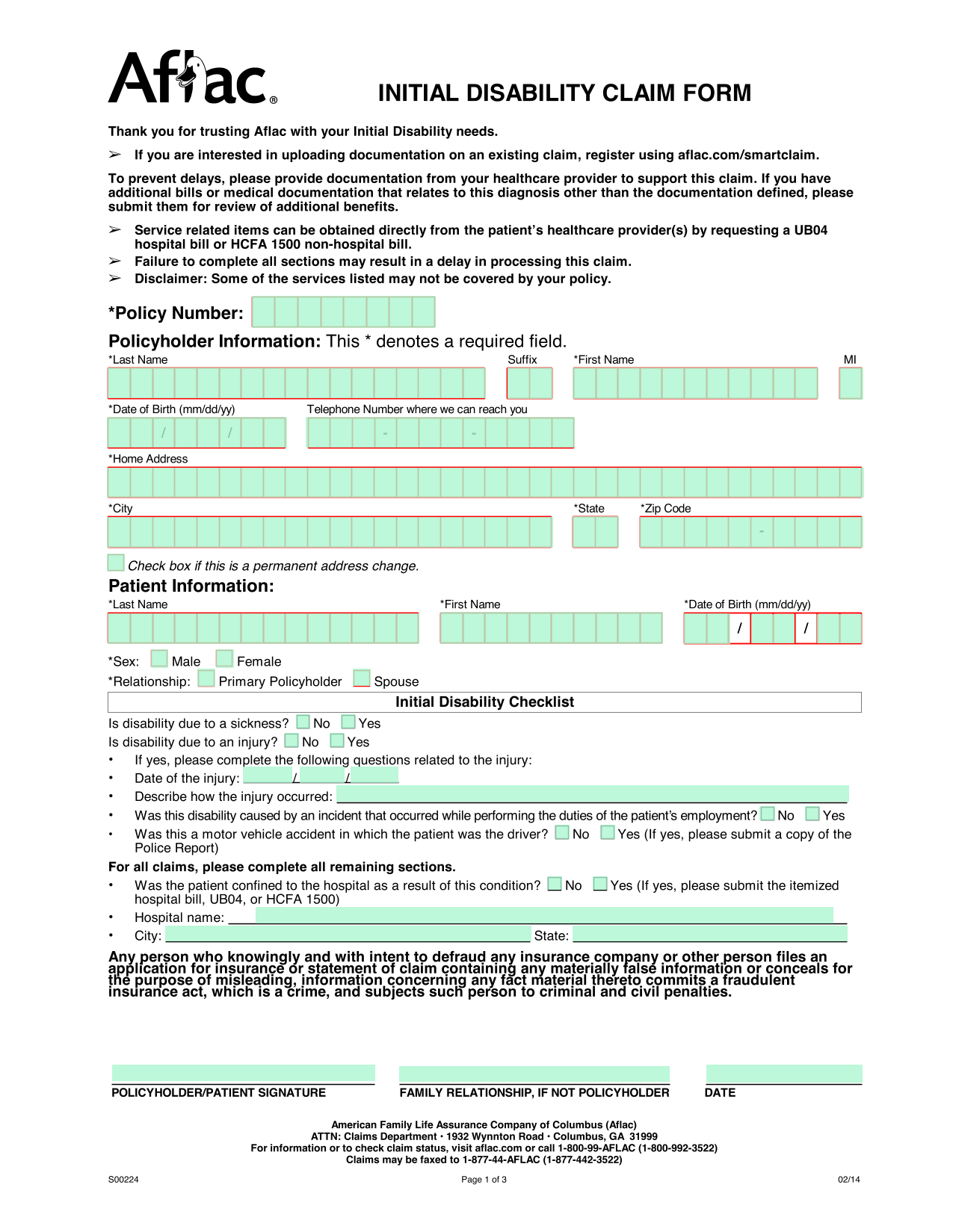Initial Disability Claim Form screenshot