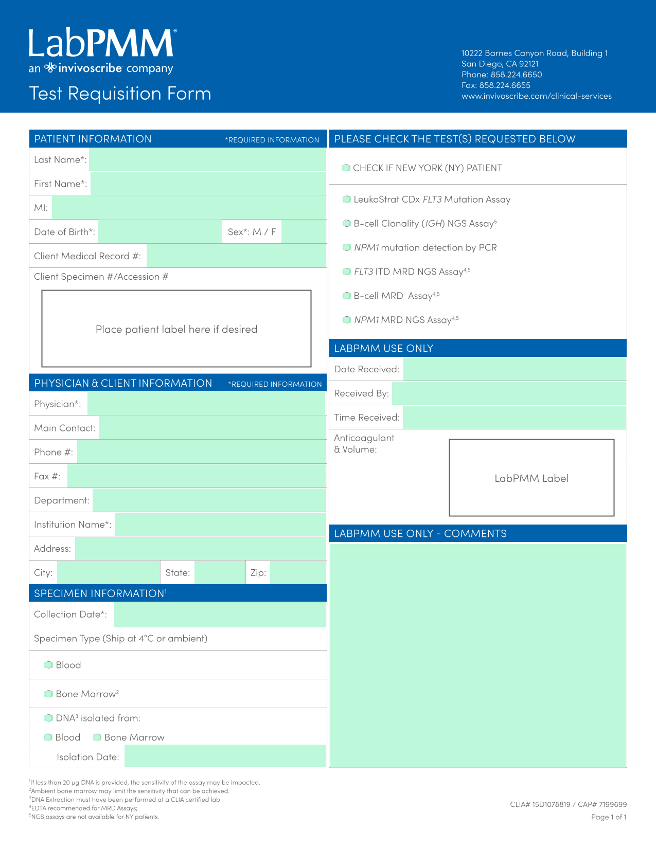 Test Requisition Form screenshot
