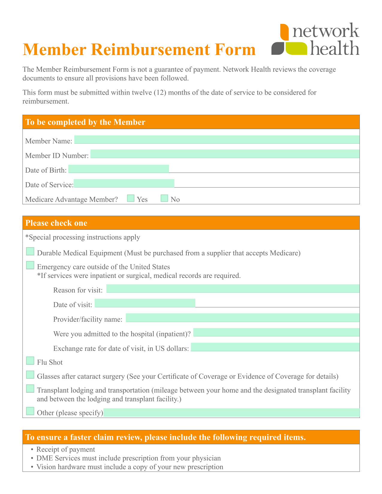 Member Reimbursement Form screenshot