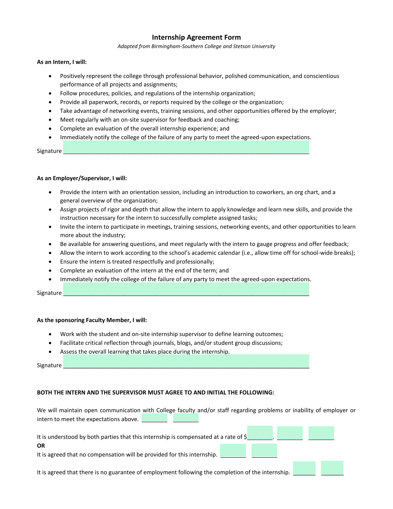 Internship Agreement Form screenshot