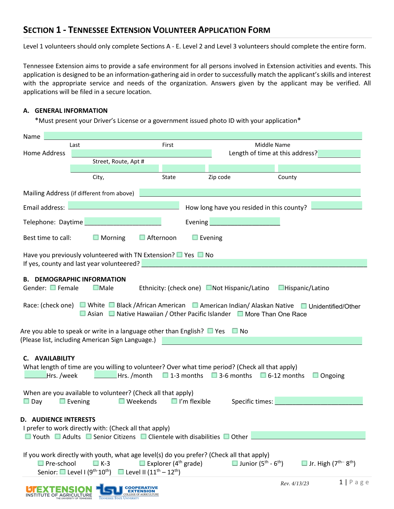 Tennessee Extension Volunteer Application Form screenshot