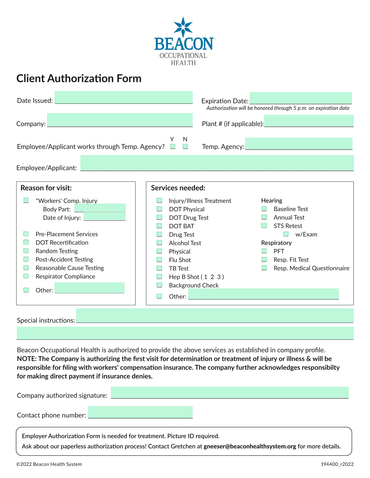Client Authorization Form screenshot
