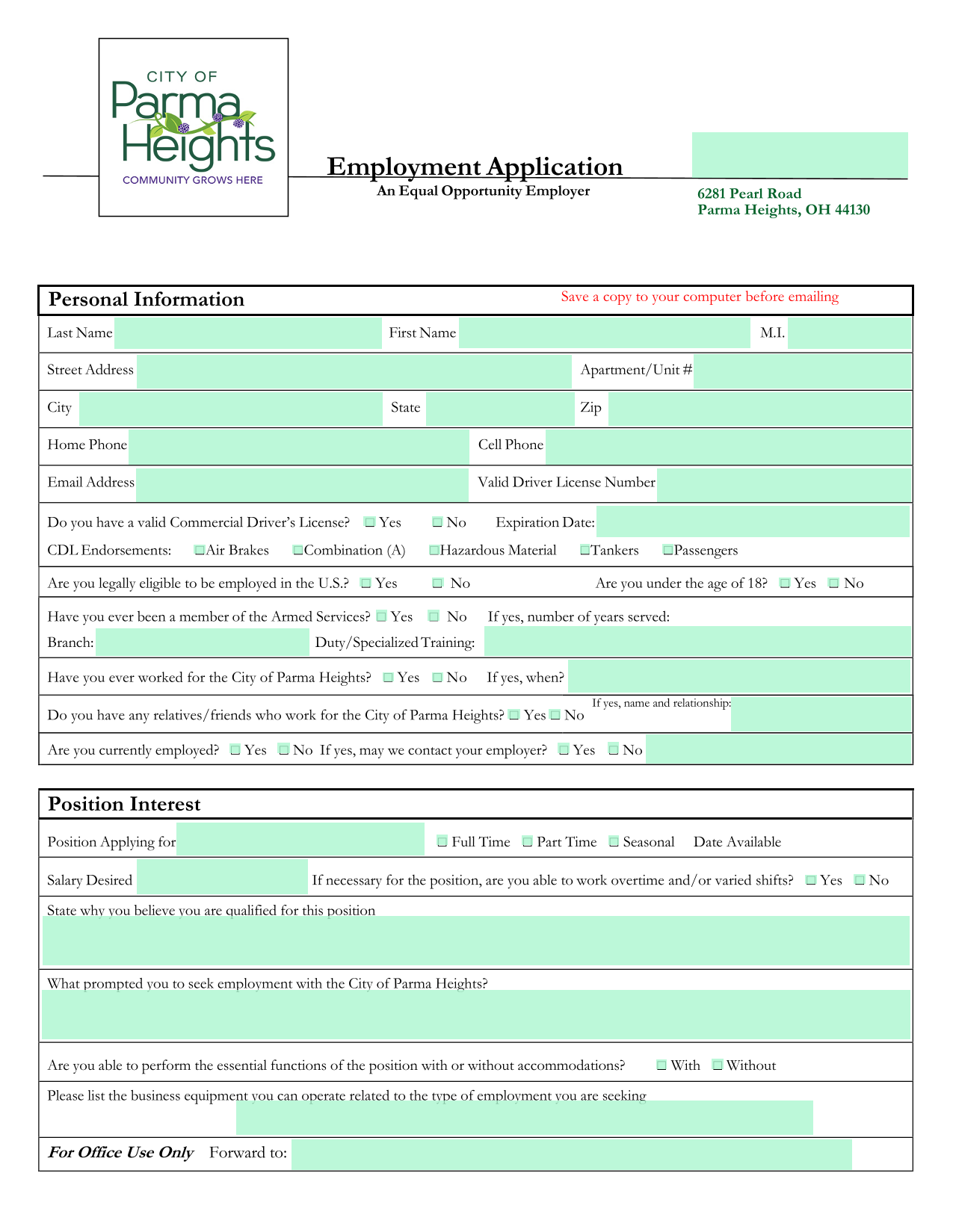 Employment Application screenshot