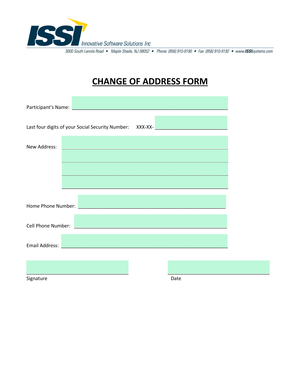 CHANGE OF ADDRESS FORM screenshot