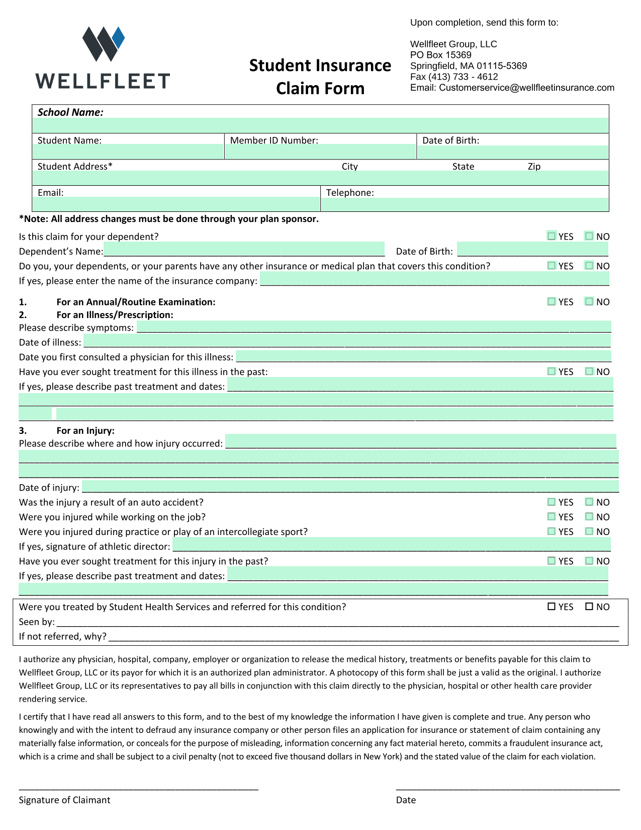 Student Insurance Claim Form screenshot