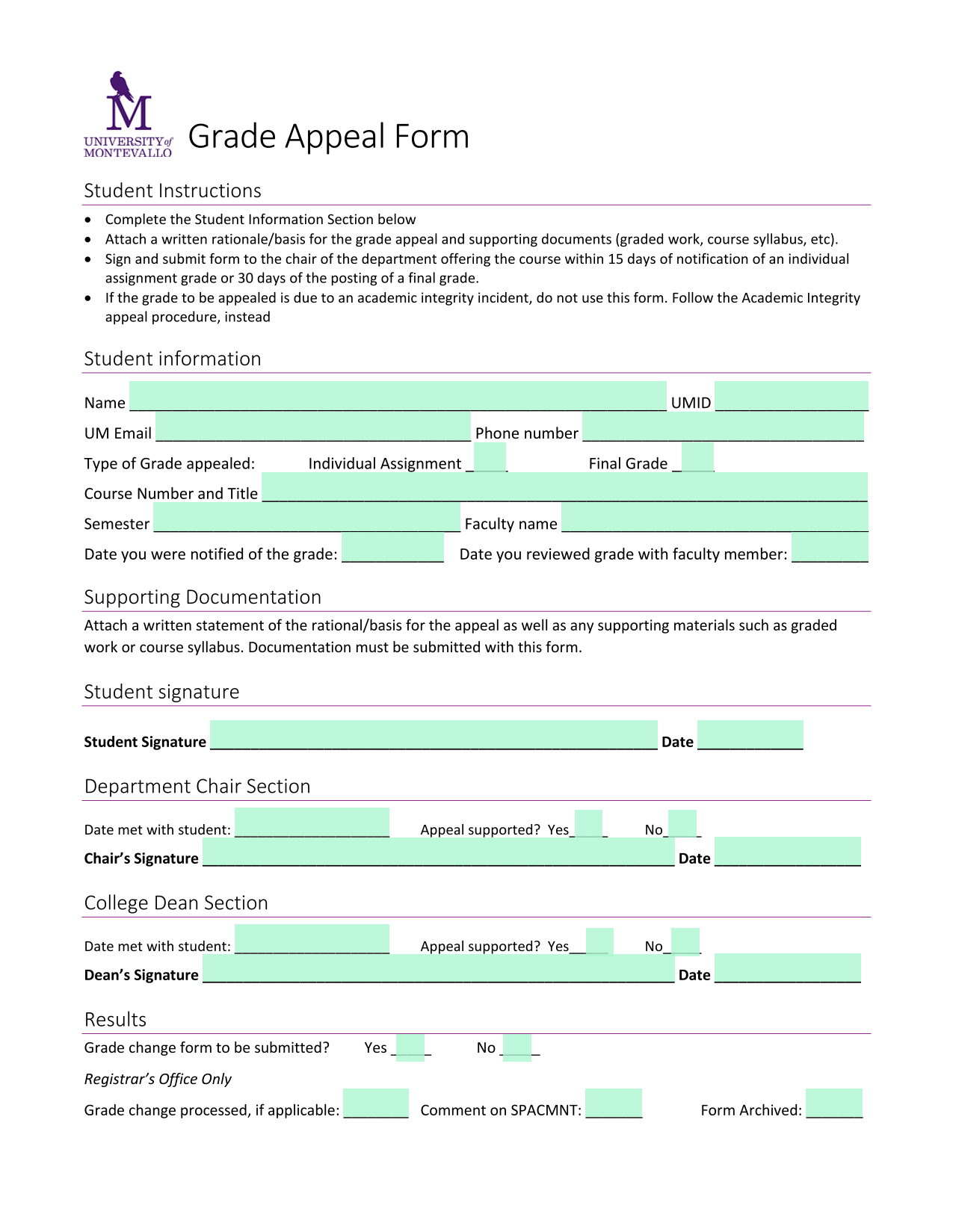 Grade Appeal Form screenshot