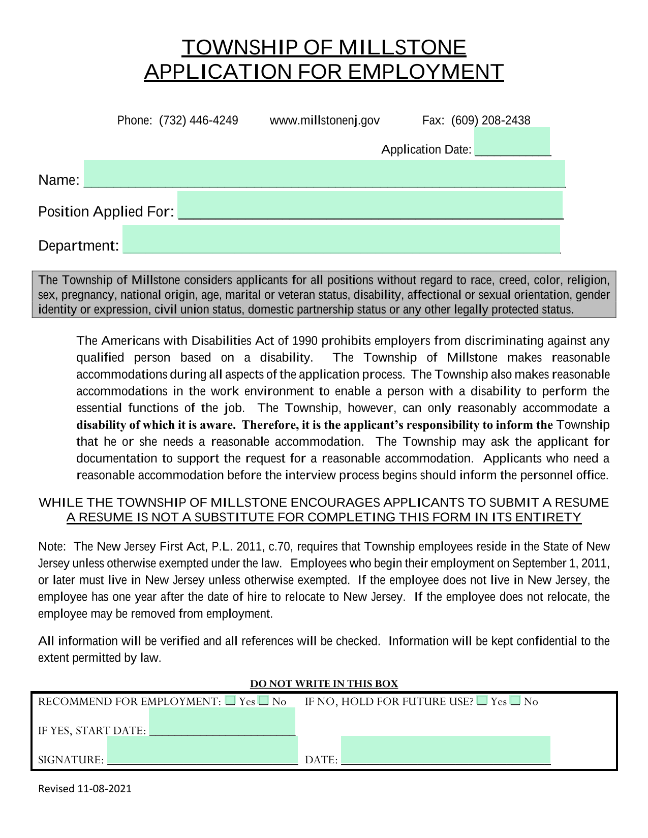 APPLICATION FOR EMPLOYMENT screenshot