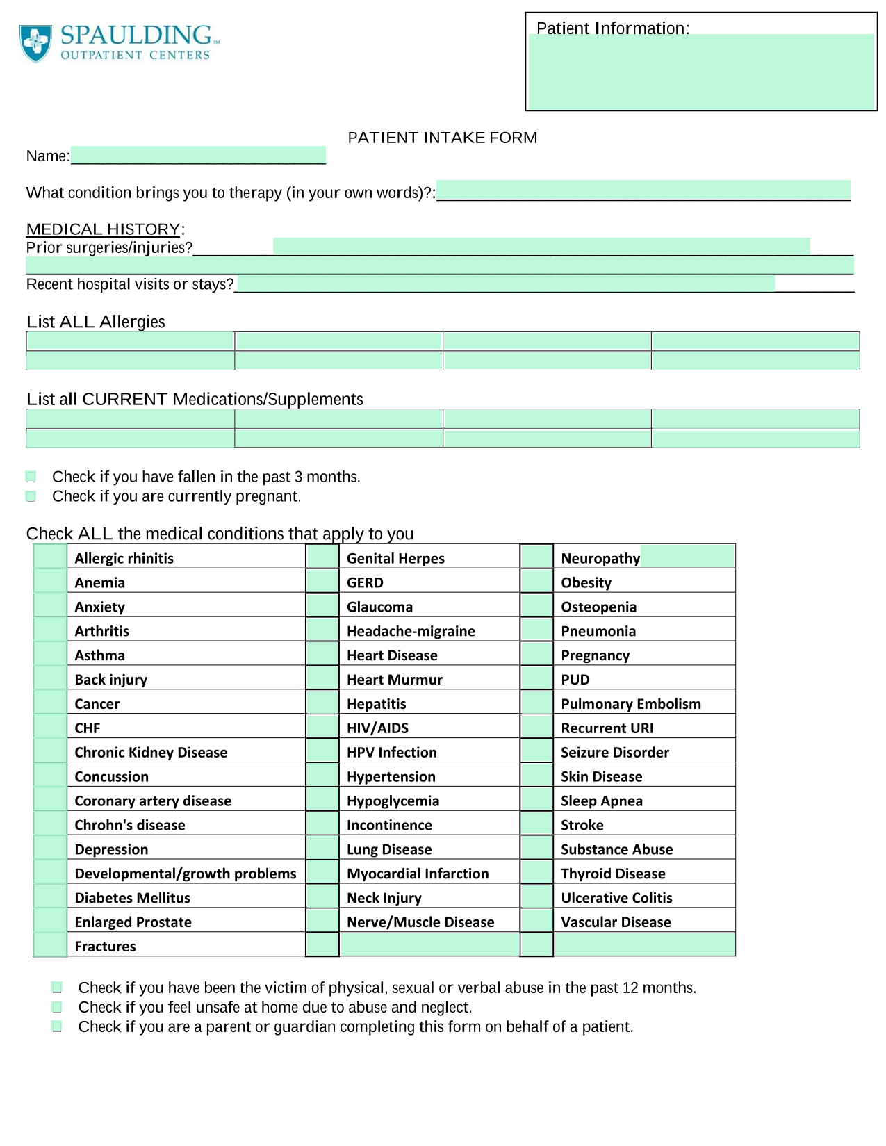 PATIENT INTAKE FORM screenshot