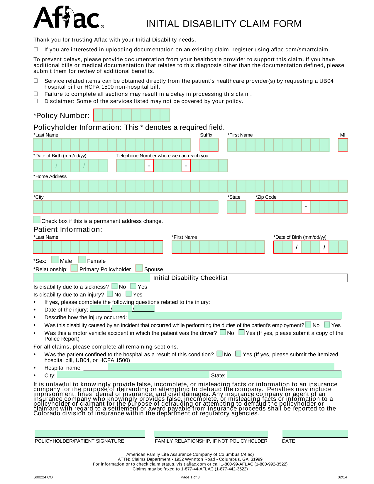 Initial Disability Claim Form screenshot