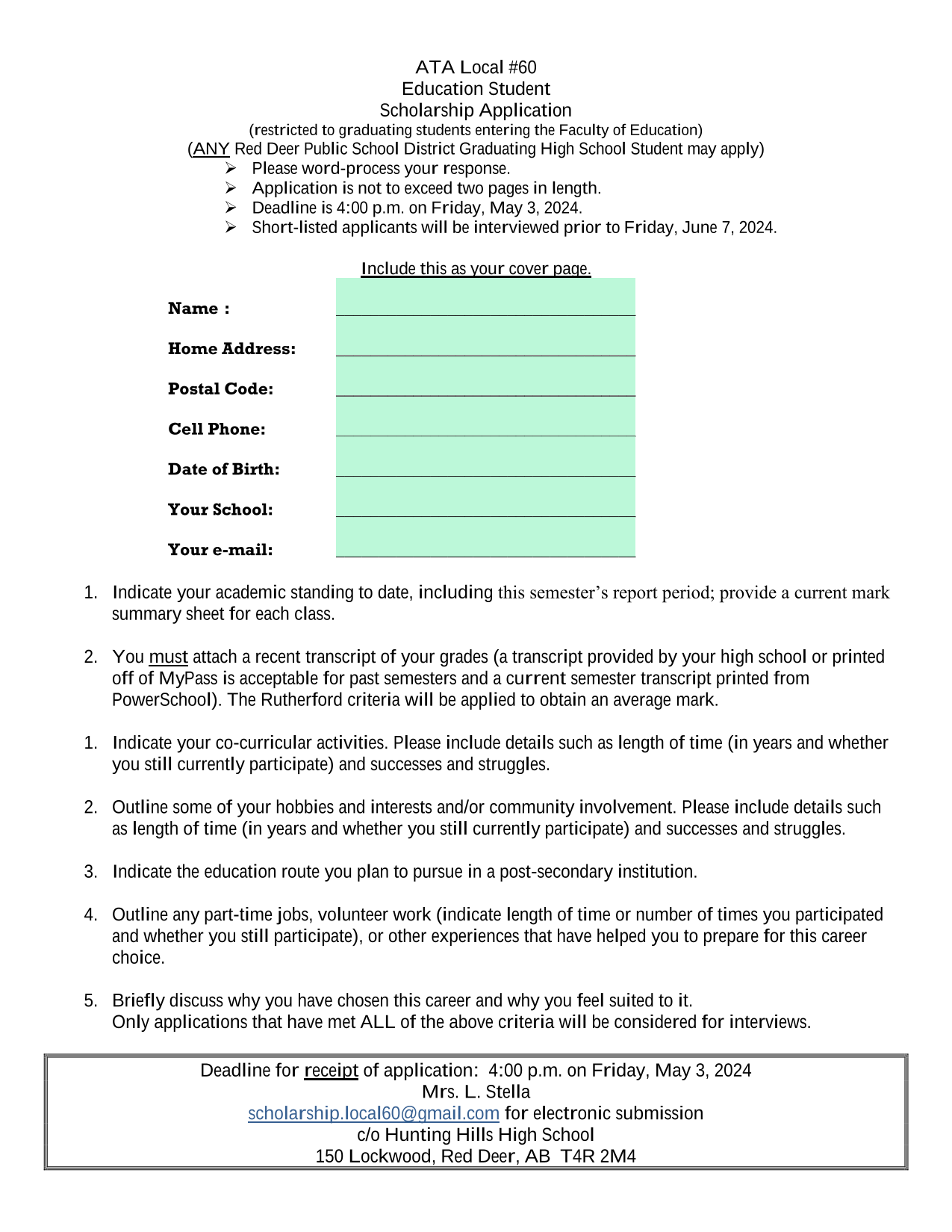 ATA Local 60 Education Student Scholarship Application screenshot