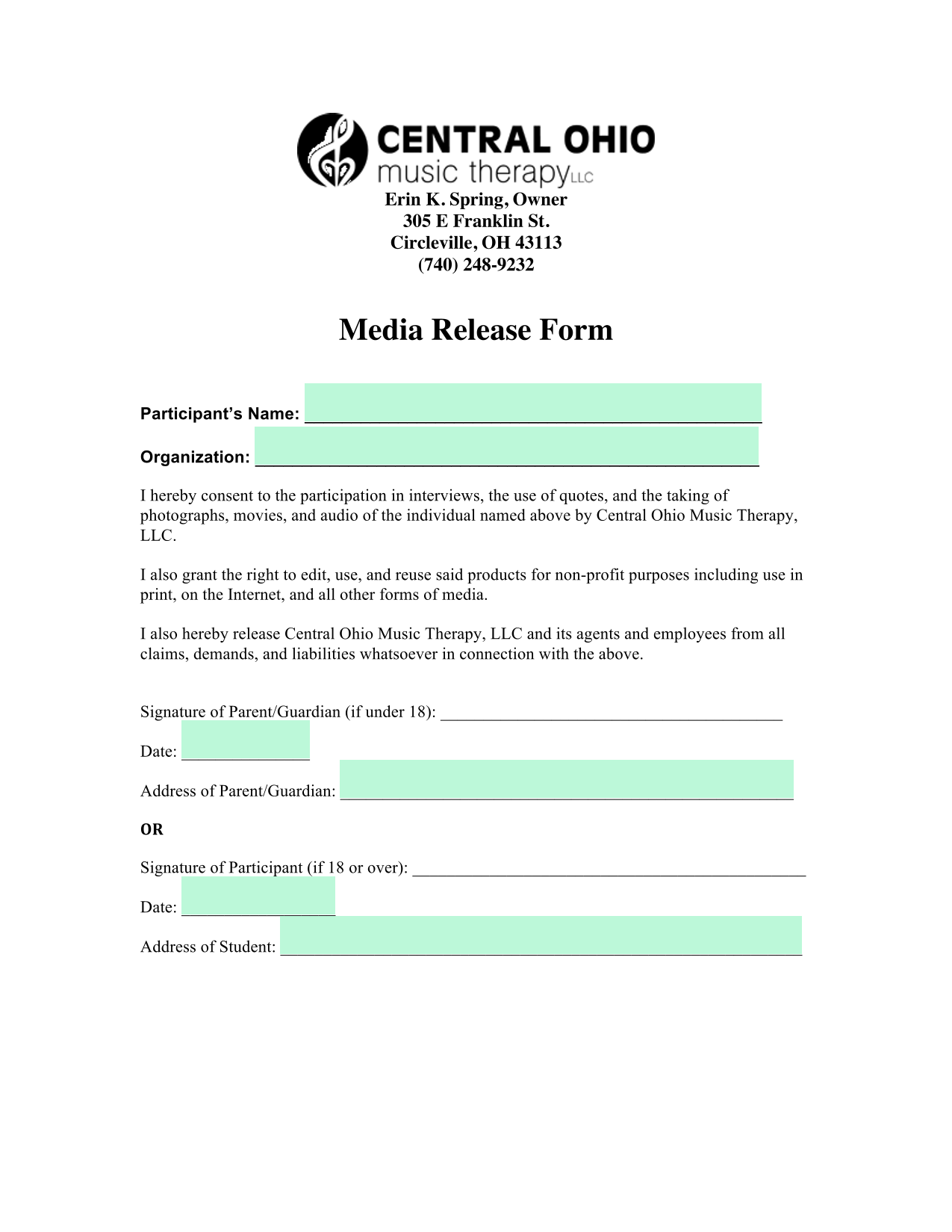 Media Release Form screenshot