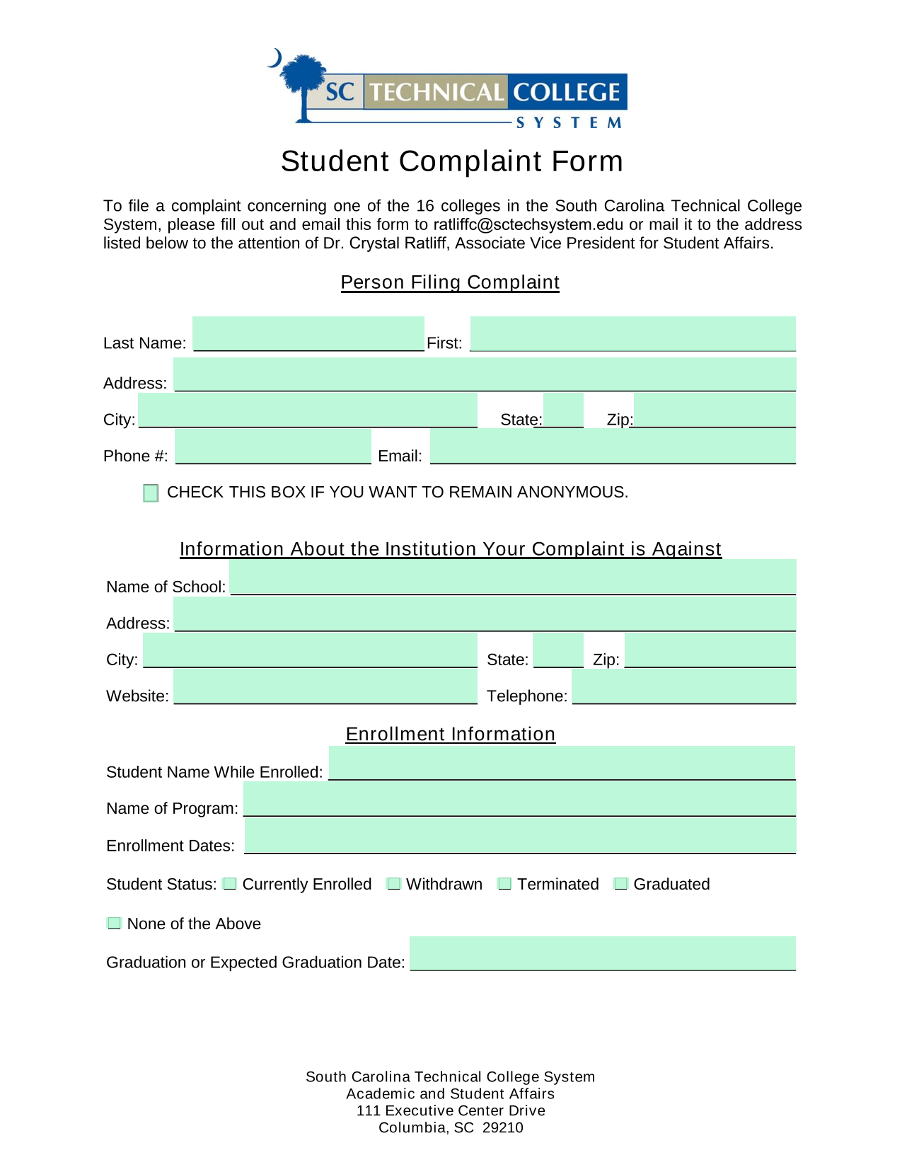 Student Complaint Form screenshot