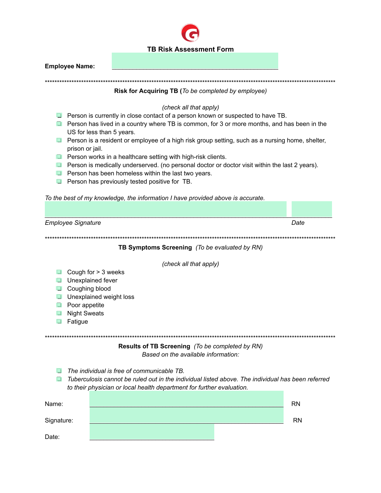TB Risk Assessment Form screenshot