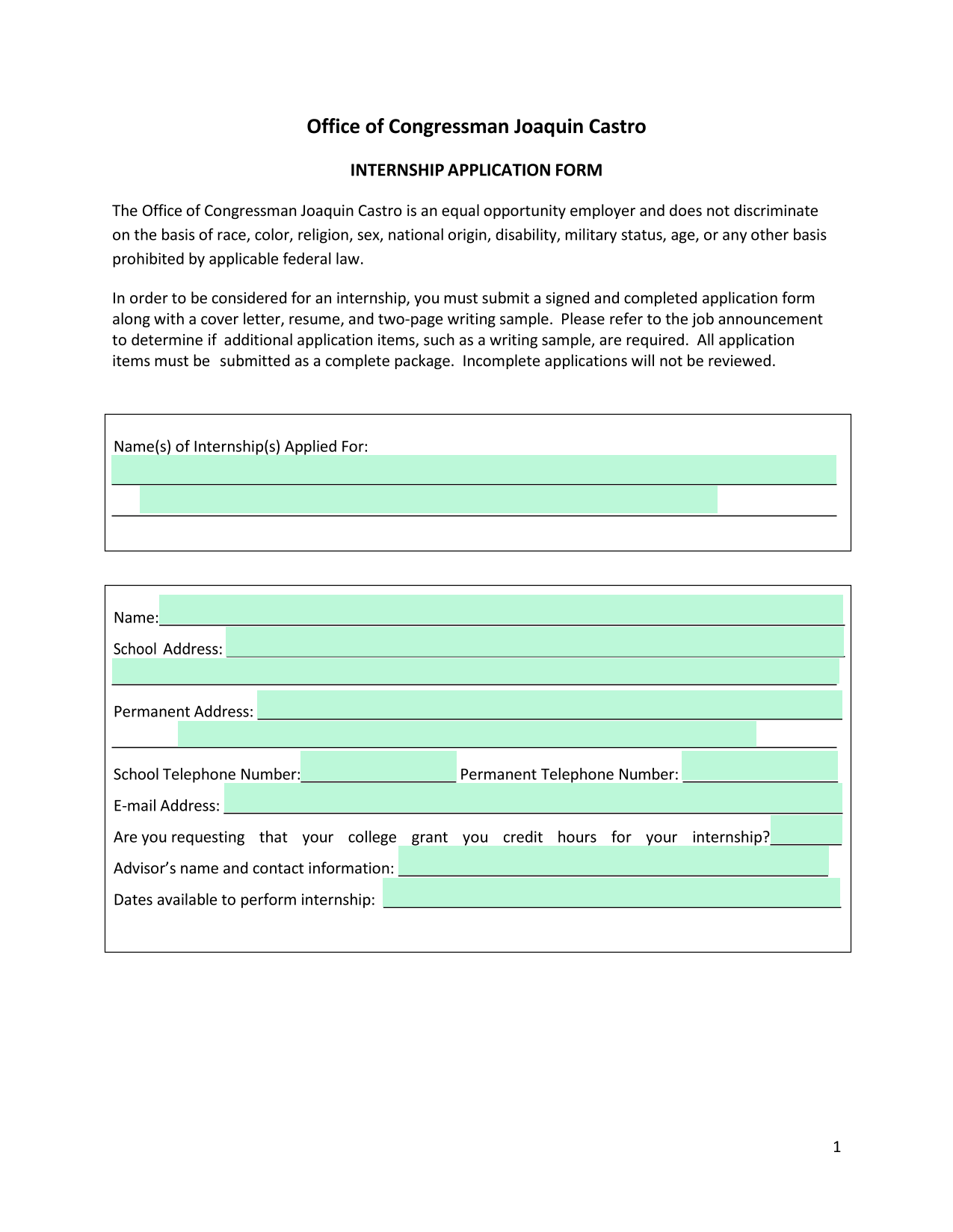 Internship Application Form screenshot