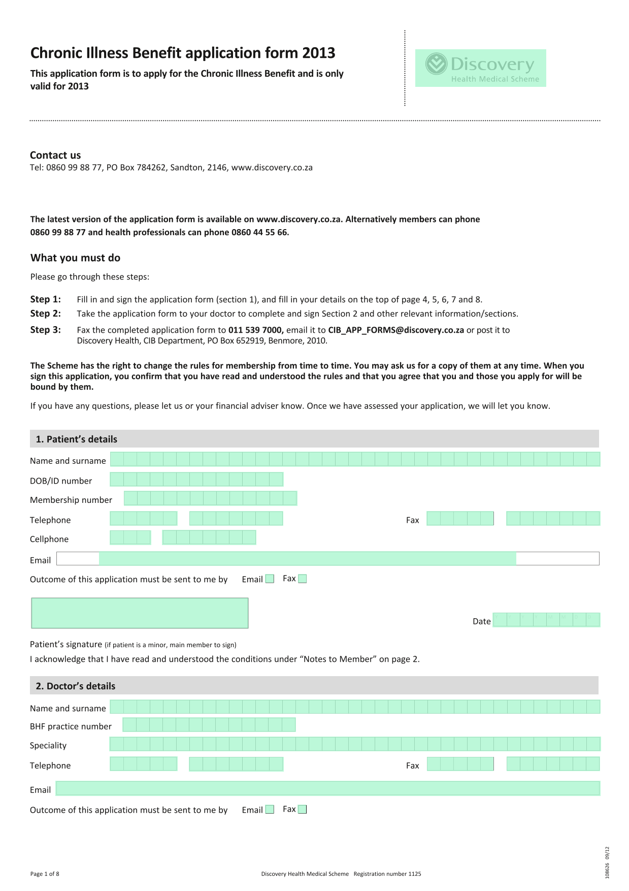 Chronic Illness Benefit Application Form 2013 screenshot