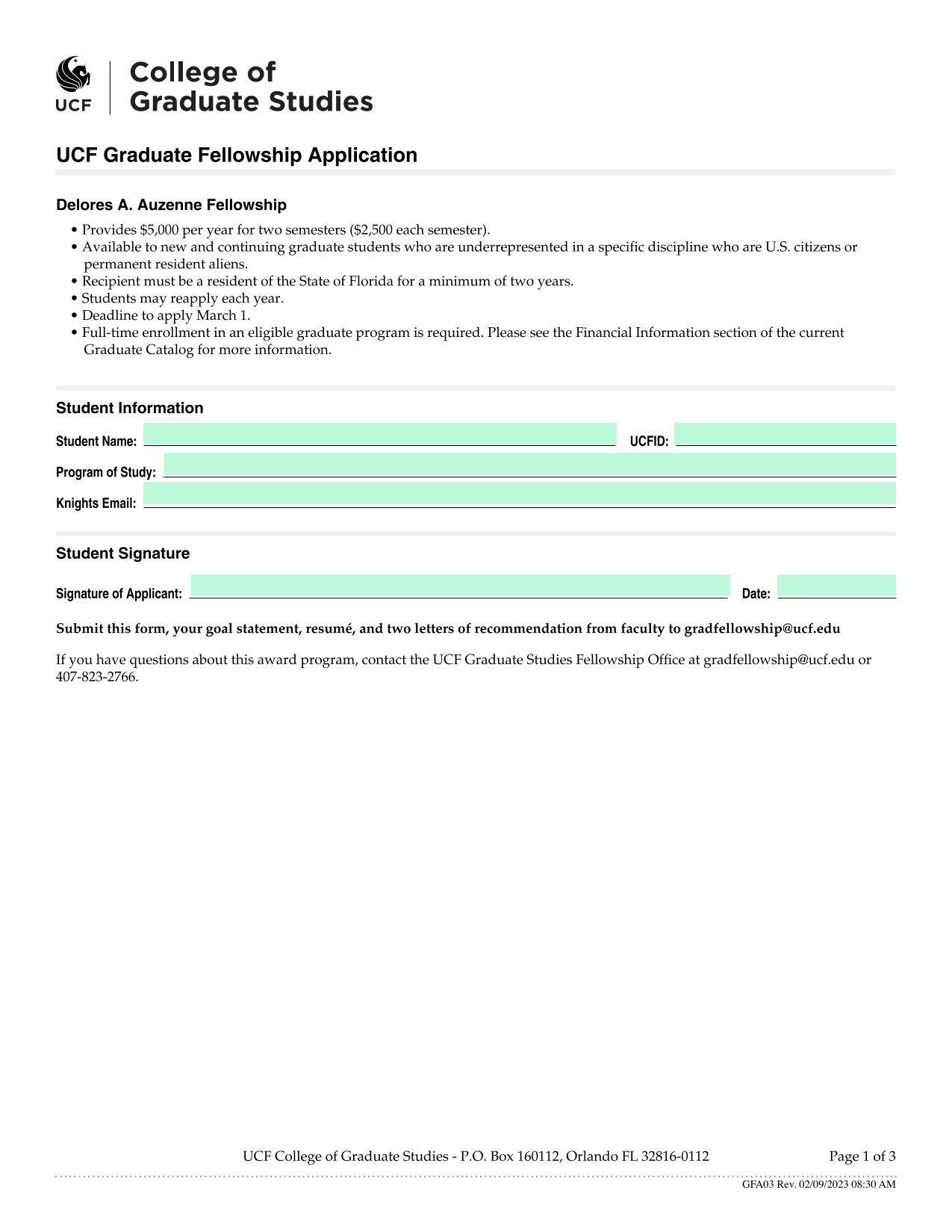UCF Graduate Fellowship Application   Delores A. Auzenne Fellowship screenshot