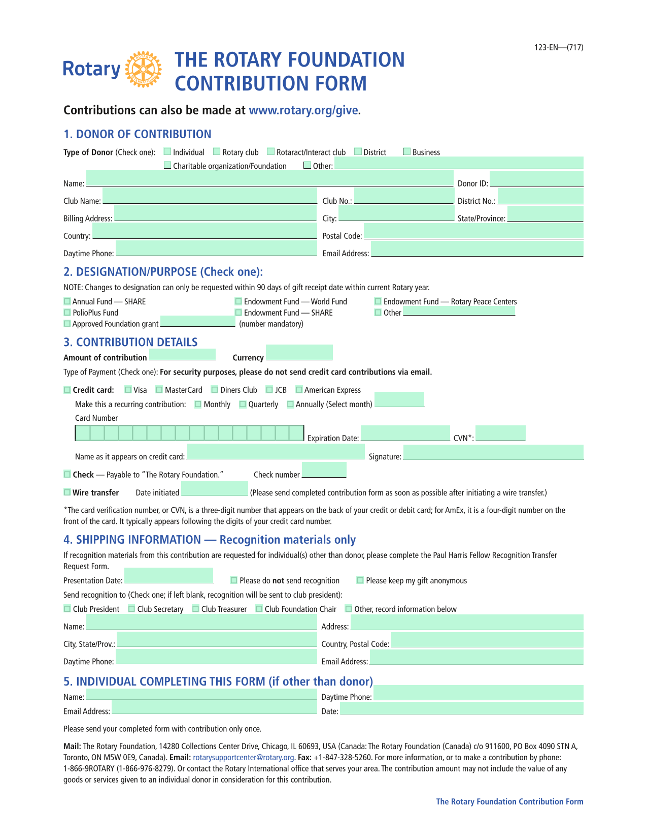 The Rotary Foundation Contribution Form screenshot