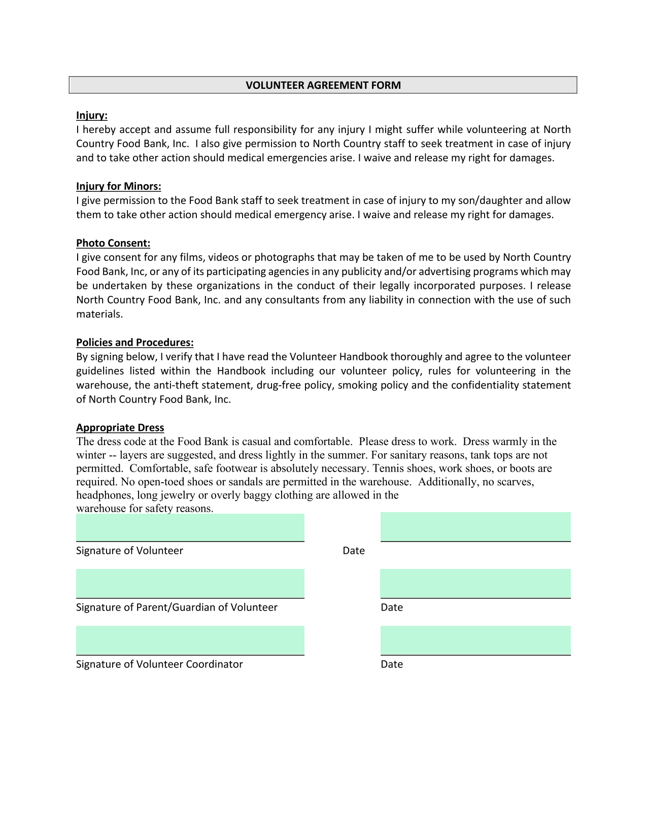 VOLUNTEER AGREEMENT FORM screenshot