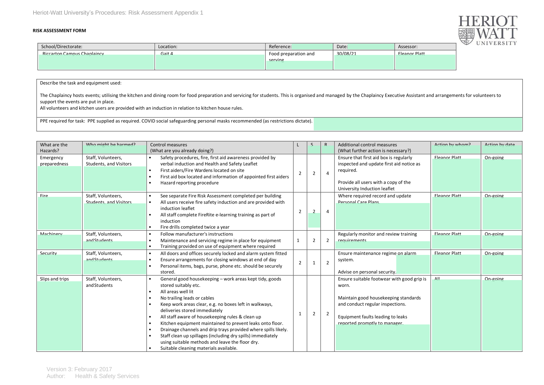 Risk Assessment Form screenshot
