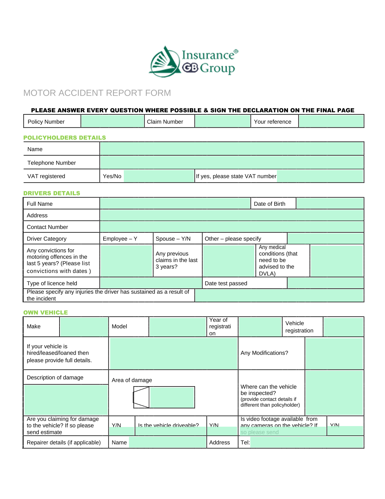 MOTOR ACCIDENT REPORT FORM screenshot