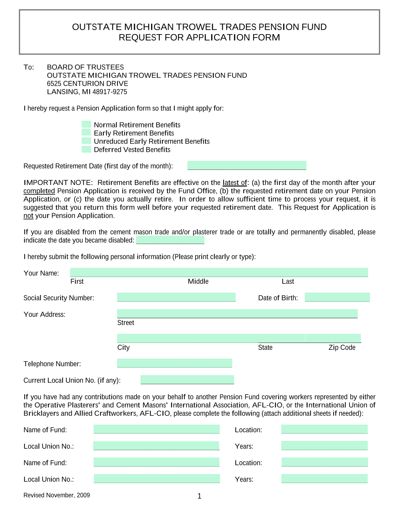 REQUEST FOR APPLICATION FORM screenshot