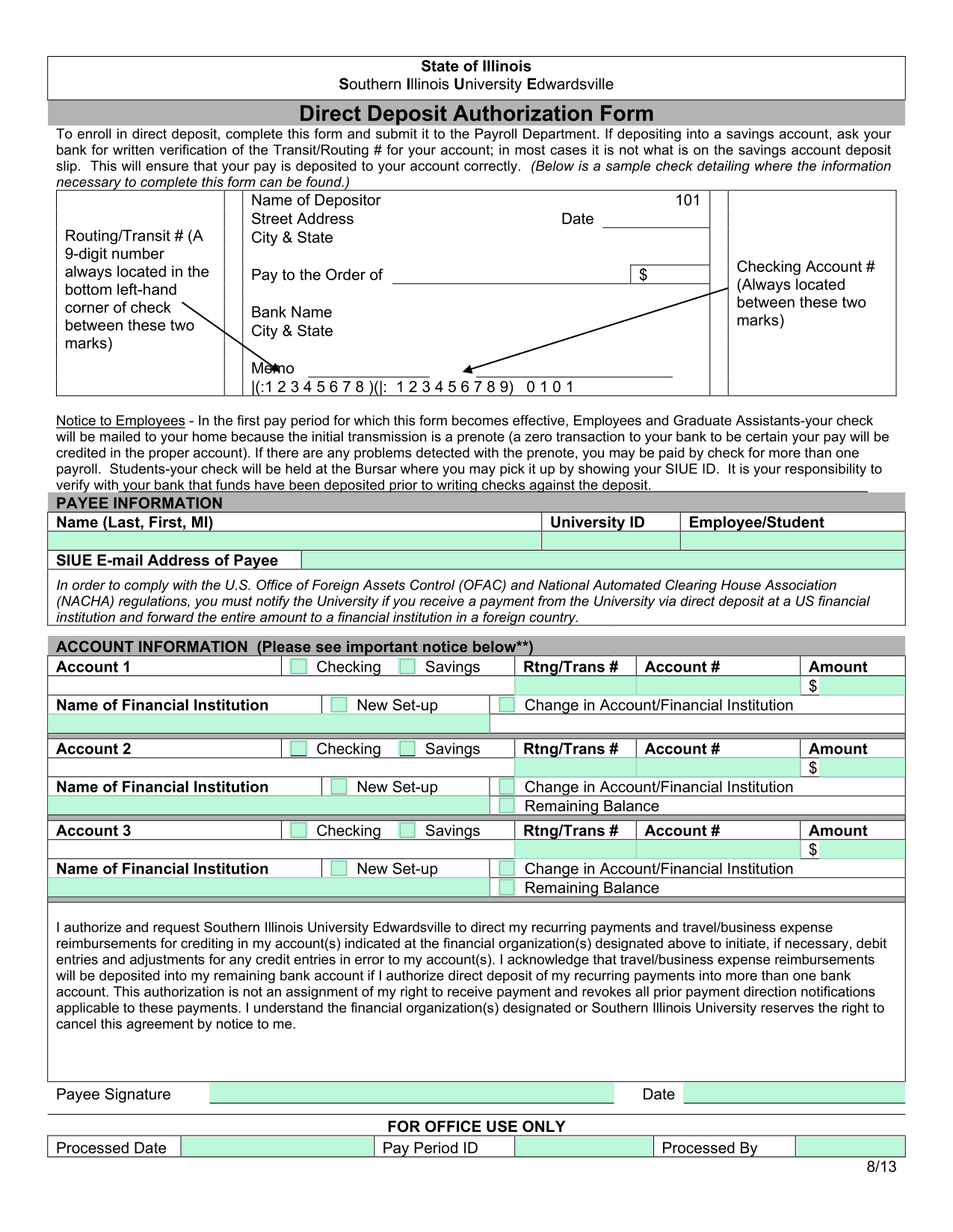 Direct Deposit Authorization Form screenshot