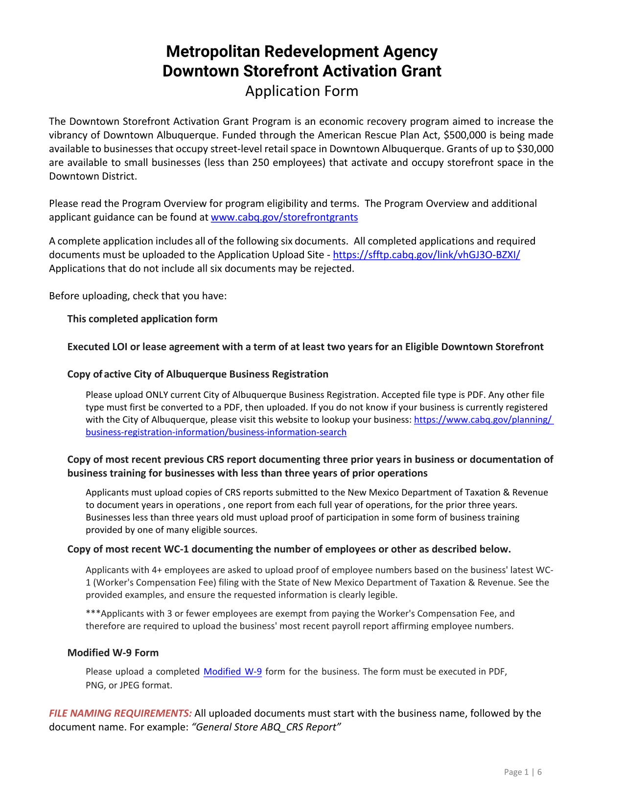 Downtown Storefront Activation Grant Application Form screenshot