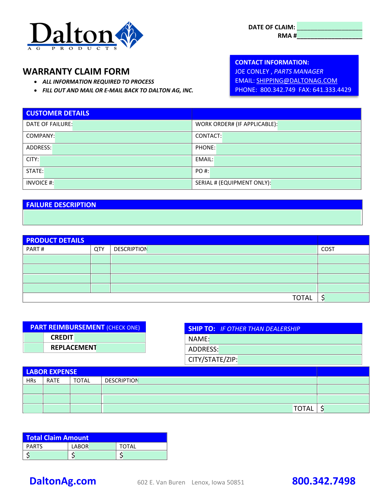 Warranty Claim Form screenshot