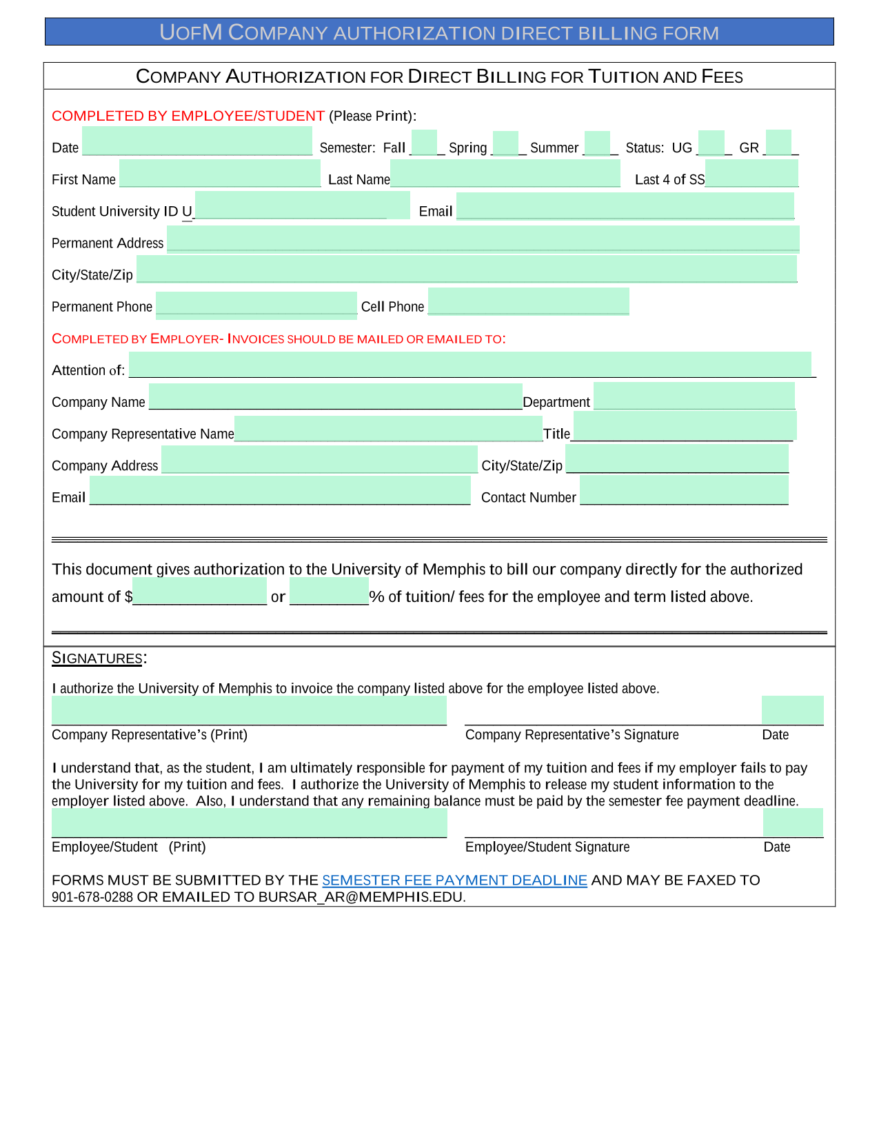UOFM COMPANY AUTHORIZATION DIRECT BILLING FORM screenshot