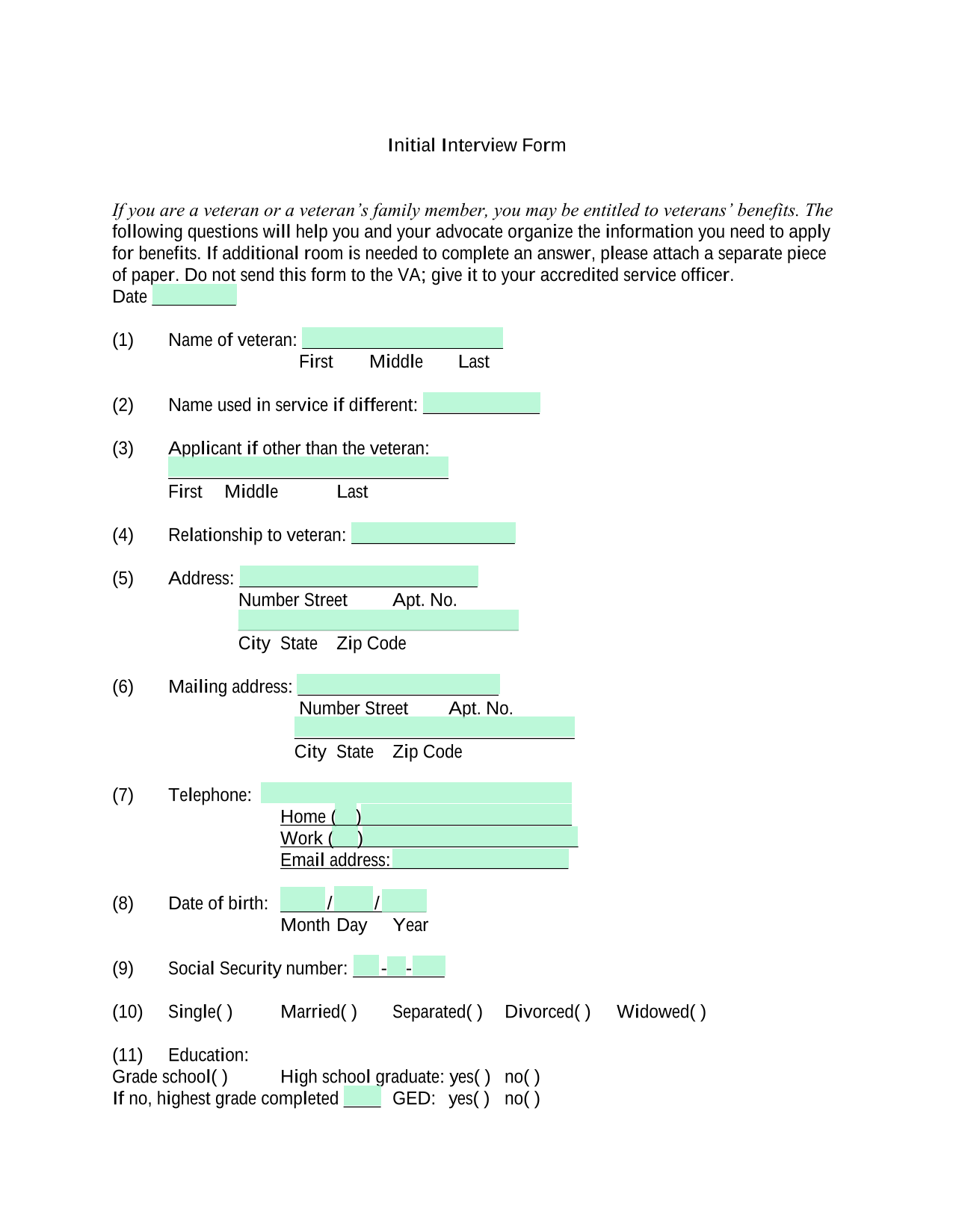 Initial Interview Form screenshot