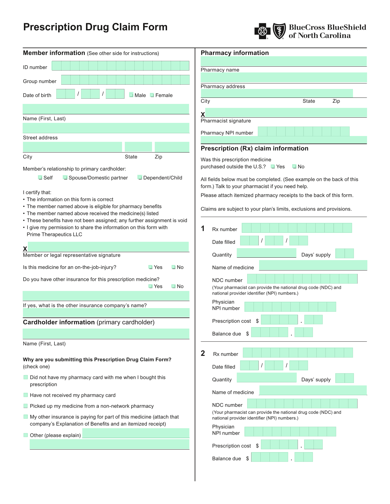 Prescription Drug Claim Form screenshot