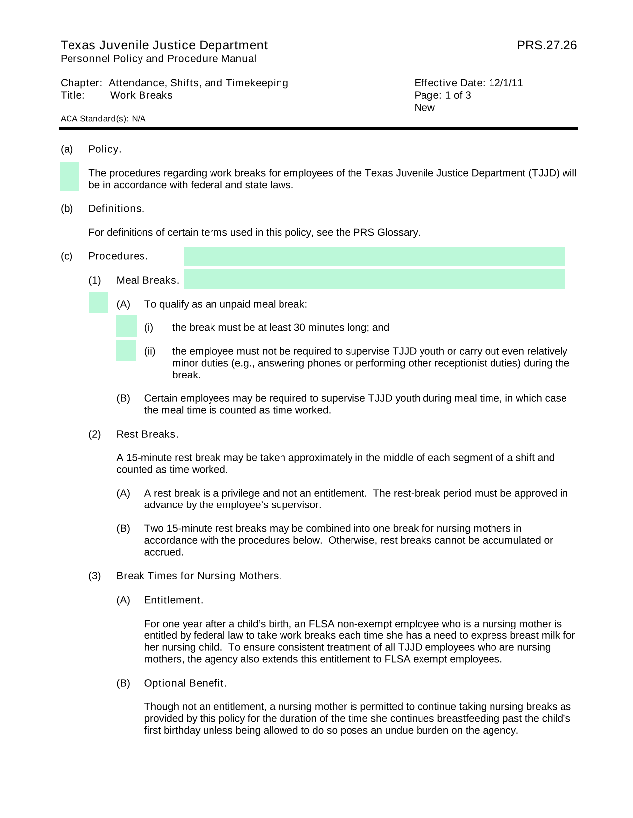 PRS.27.26 Personnel Policy And Procedure Manual   Work Breaks screenshot