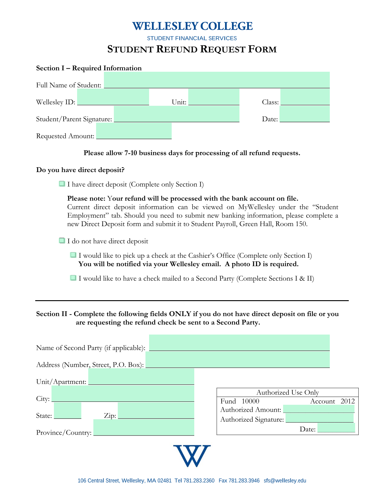 STUDENT REFUND REQUEST FORM screenshot