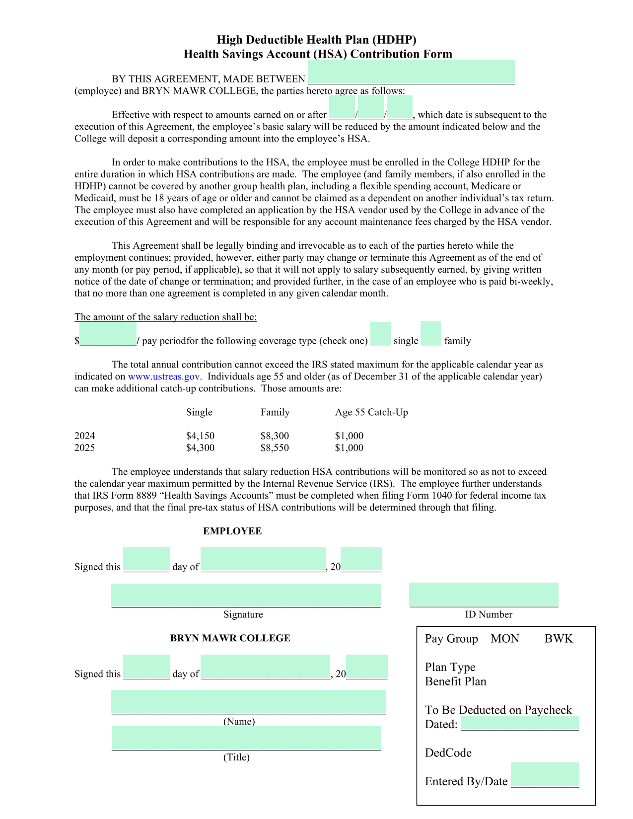 Health Savings Account (HSA) Contribution Form screenshot