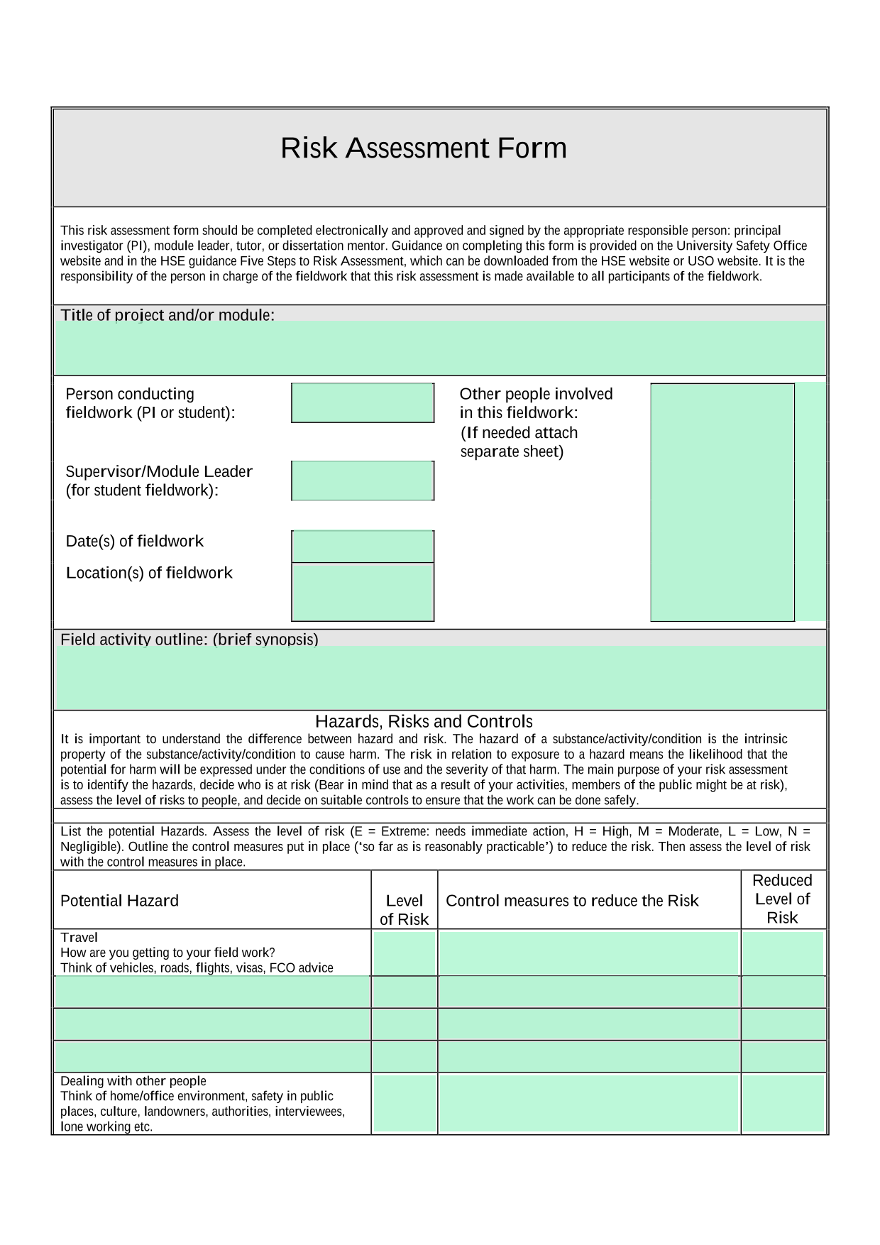 Risk Assessment Form screenshot
