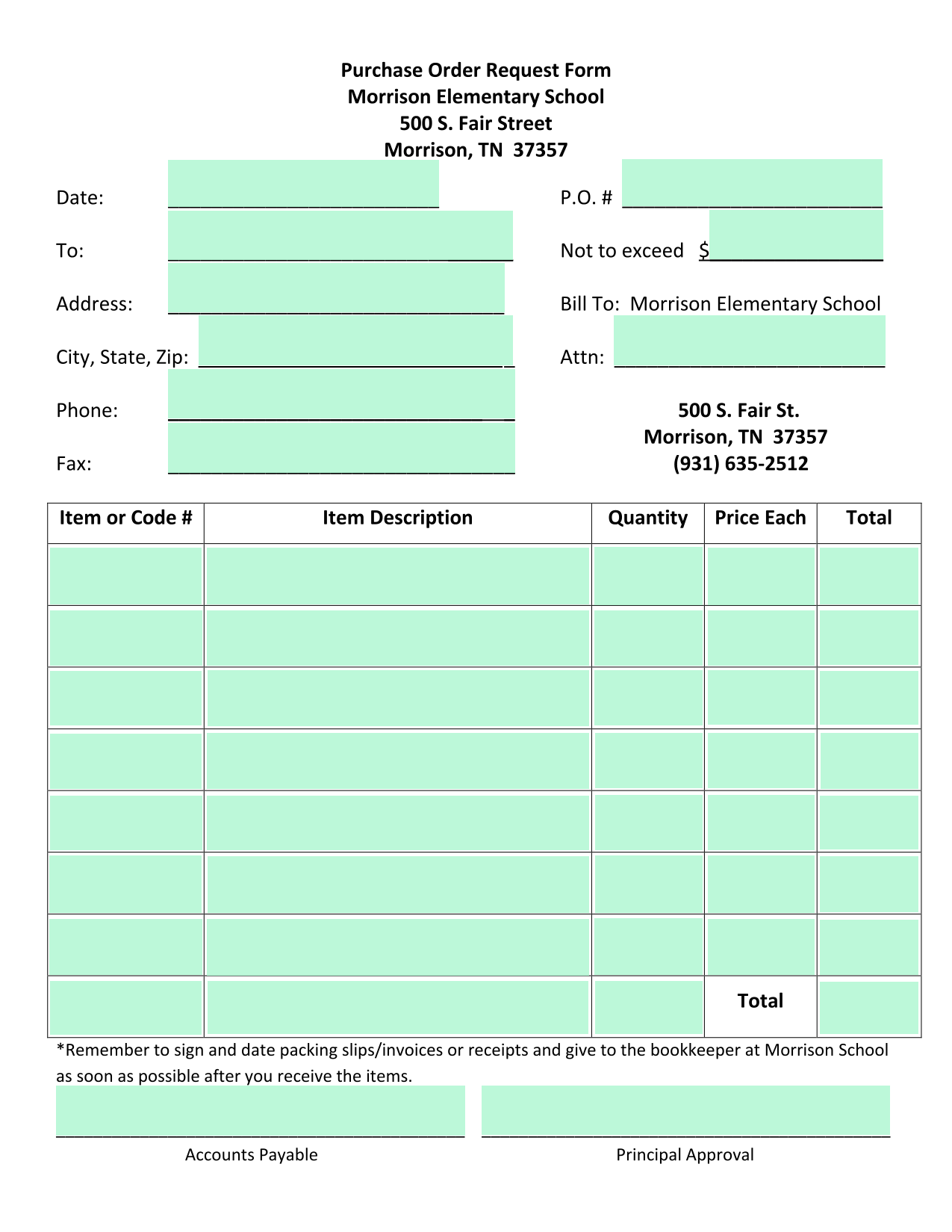 Purchase Order Request Form screenshot