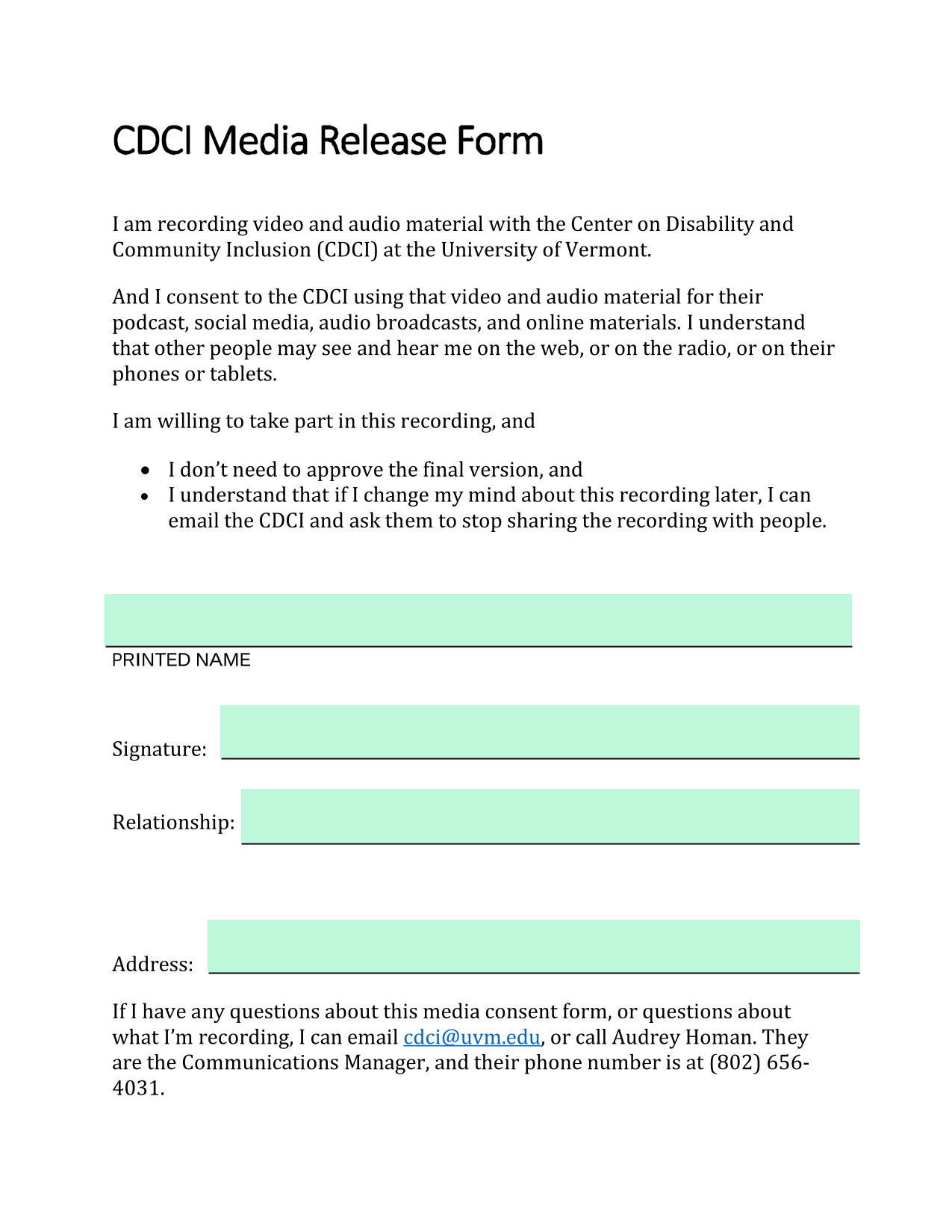 CDCI Media Release Form screenshot