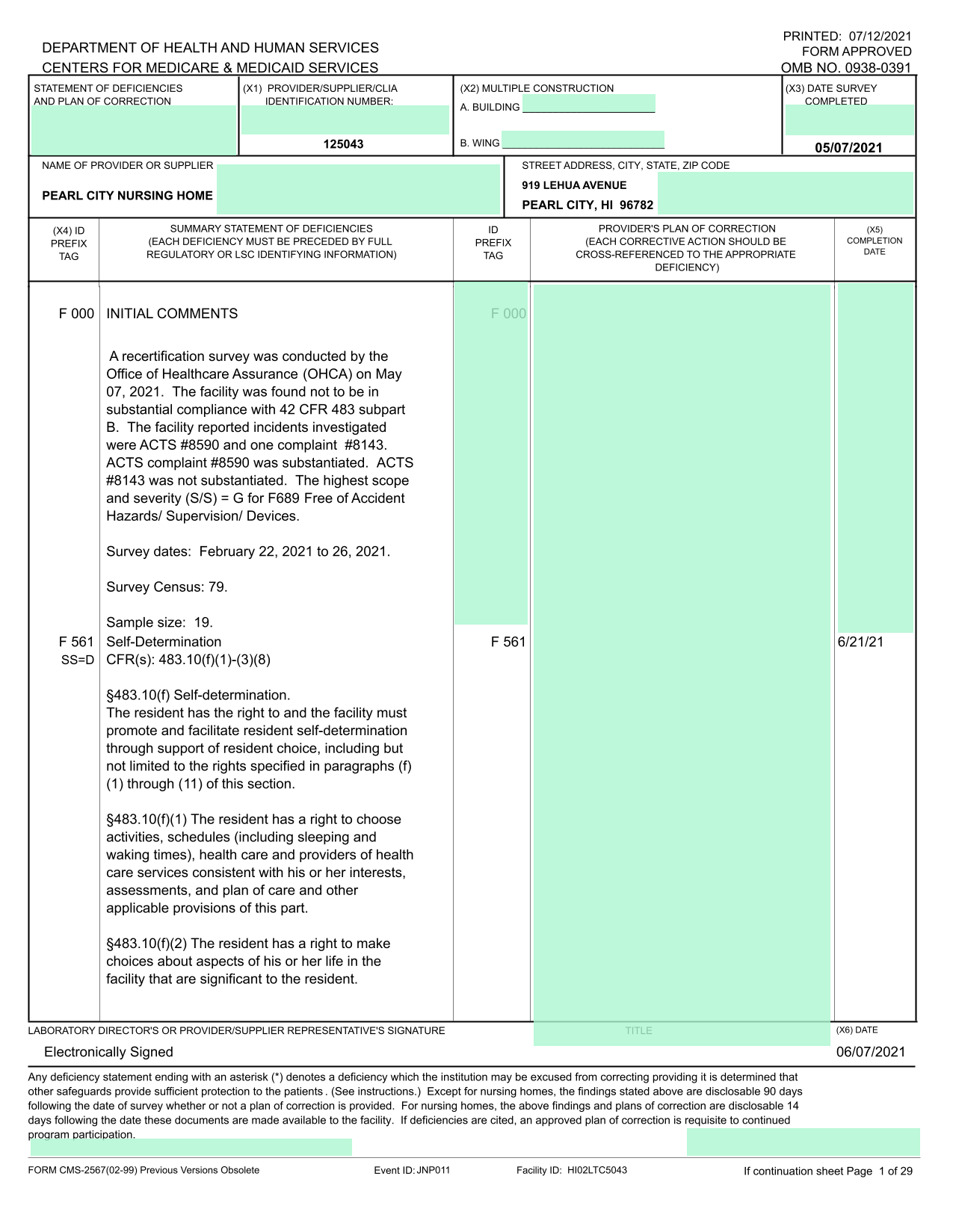 Statement Of Deficiencies And Plan Of Correction screenshot