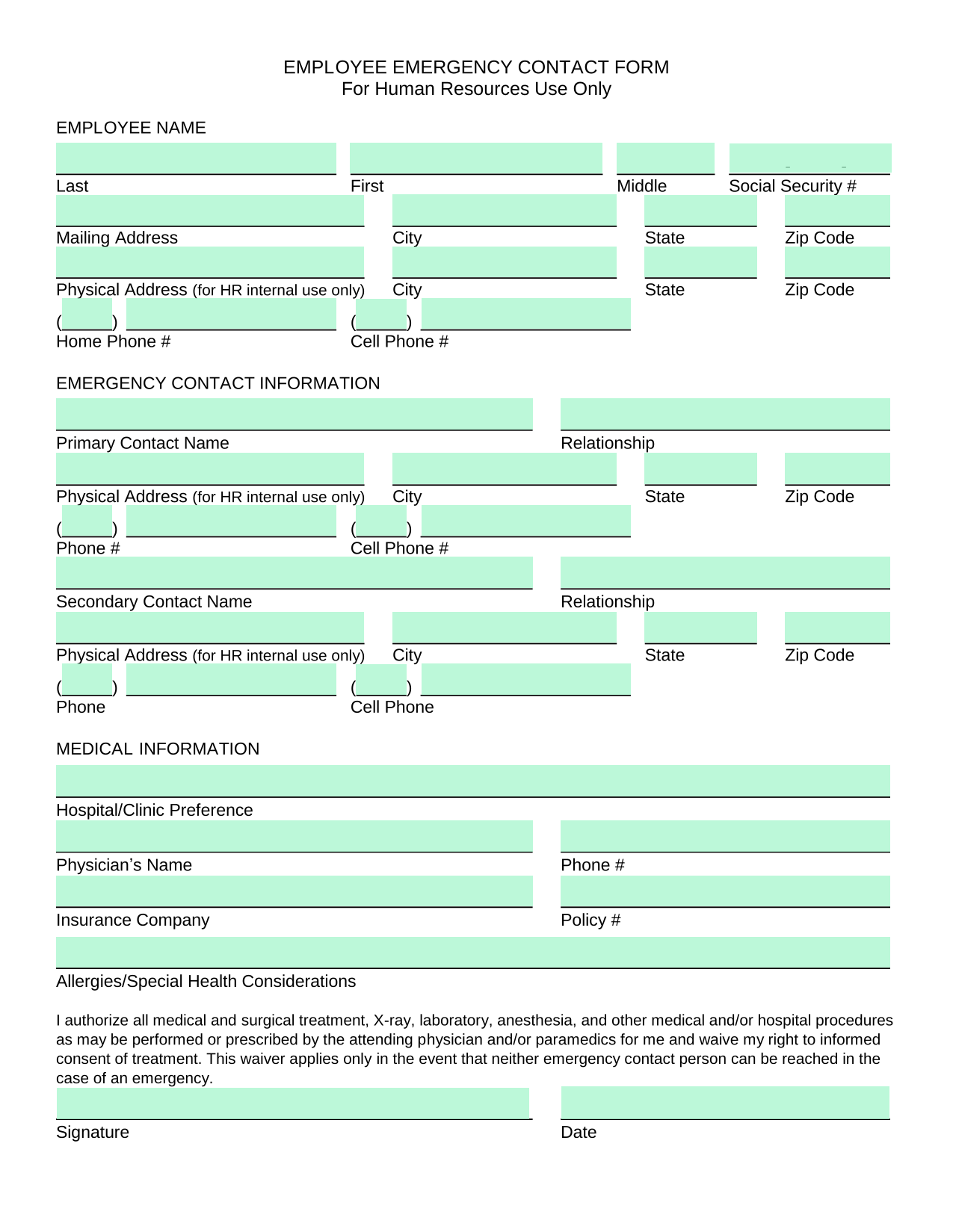 EMPLOYEE EMERGENCY CONTACT FORM screenshot