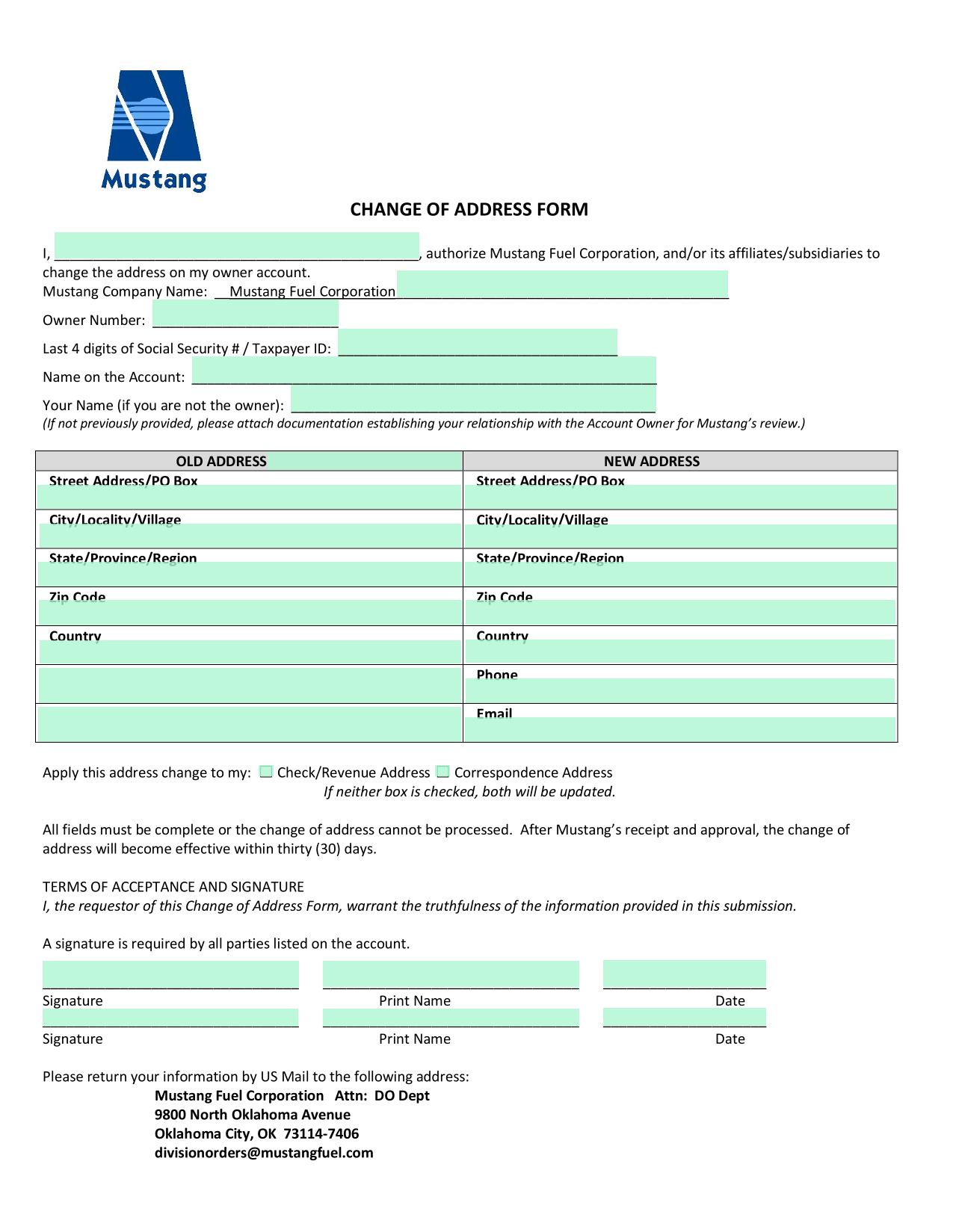 Change Of Address Form screenshot