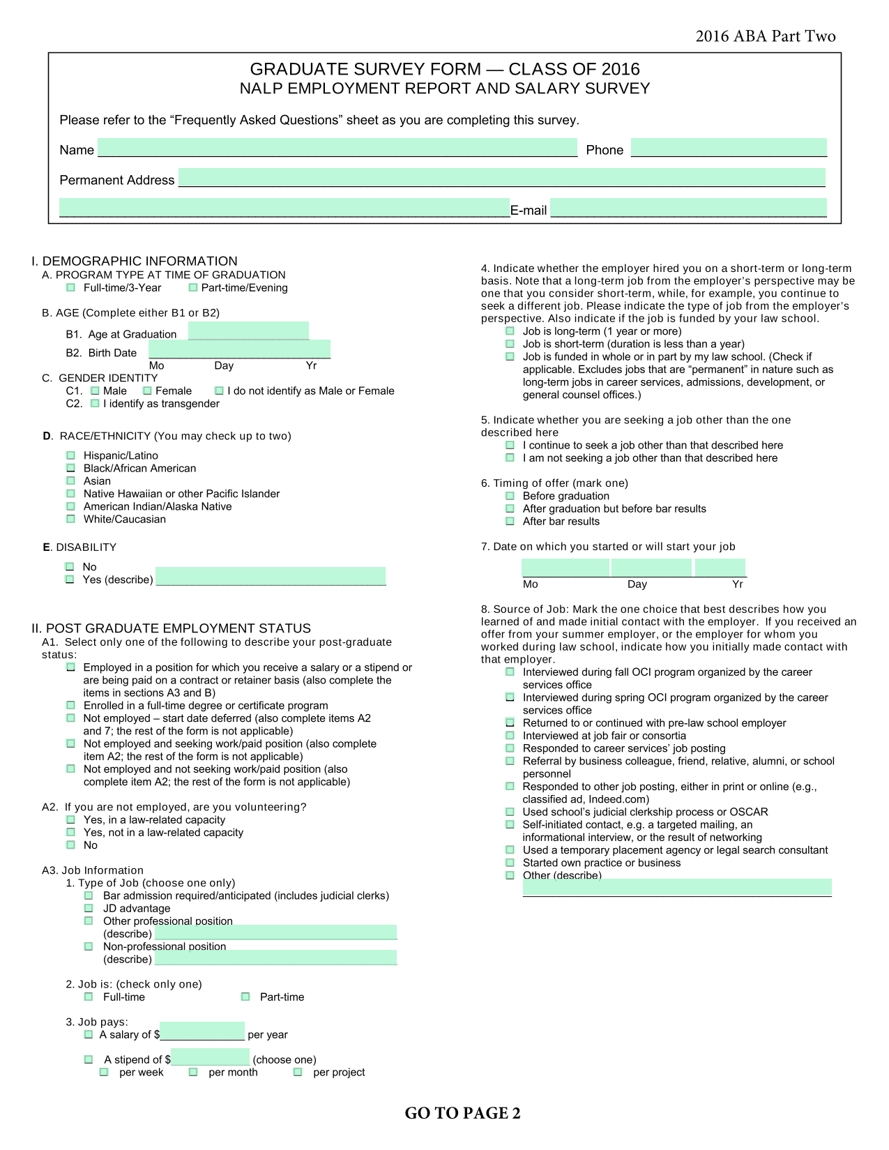 Post Graduate Employment Status Form screenshot