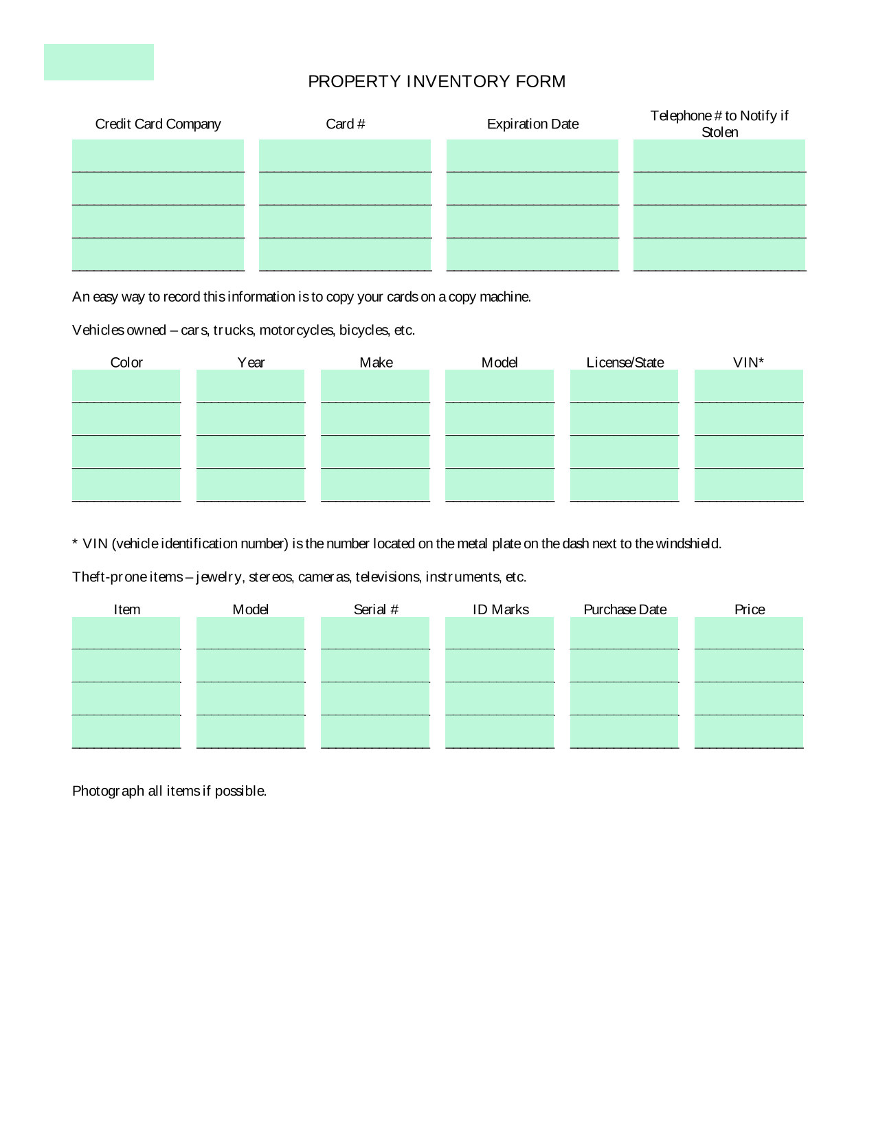 PROPERTY INVENTORY FORM screenshot