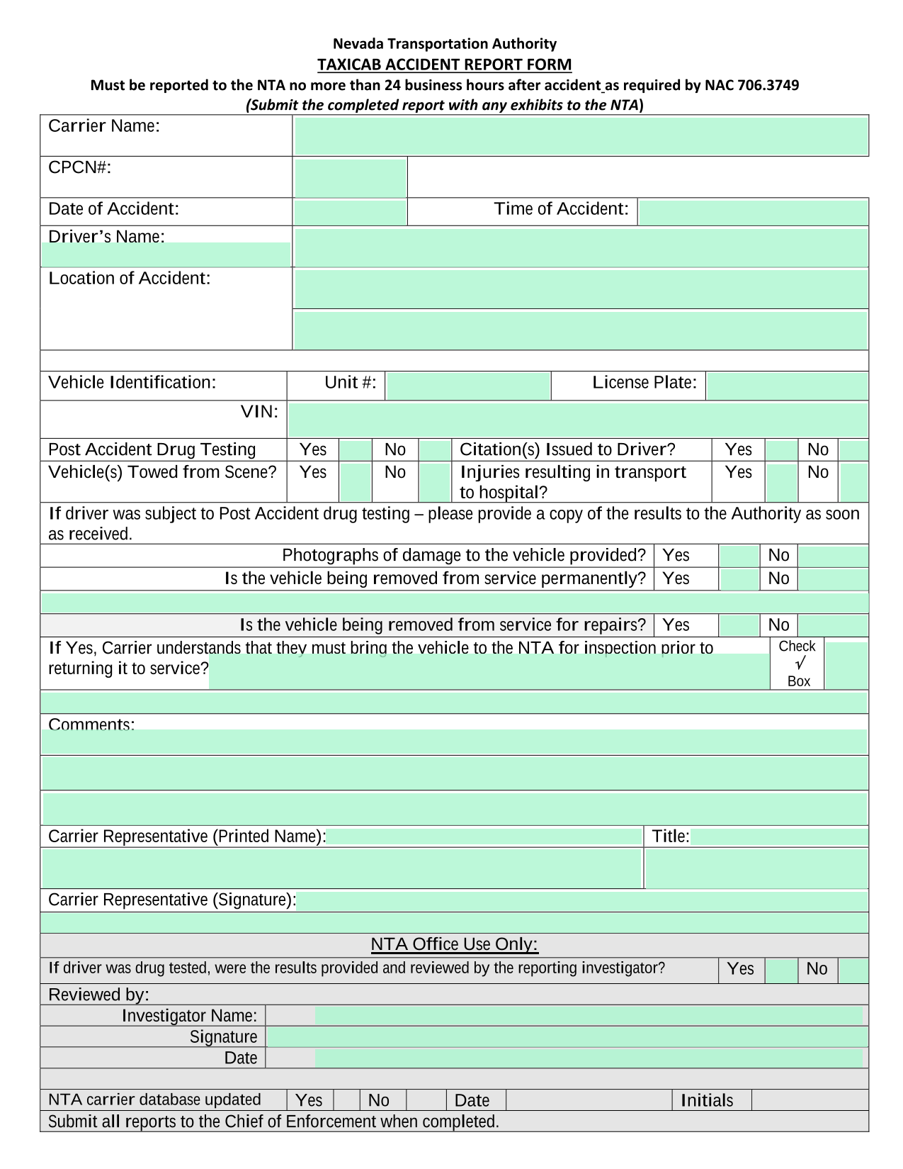 Nevada Transportation Authority Taxicab Accident Report Form screenshot