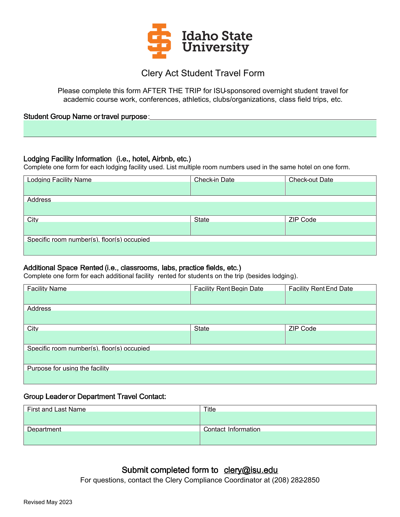 Clery Act Student Travel Form screenshot
