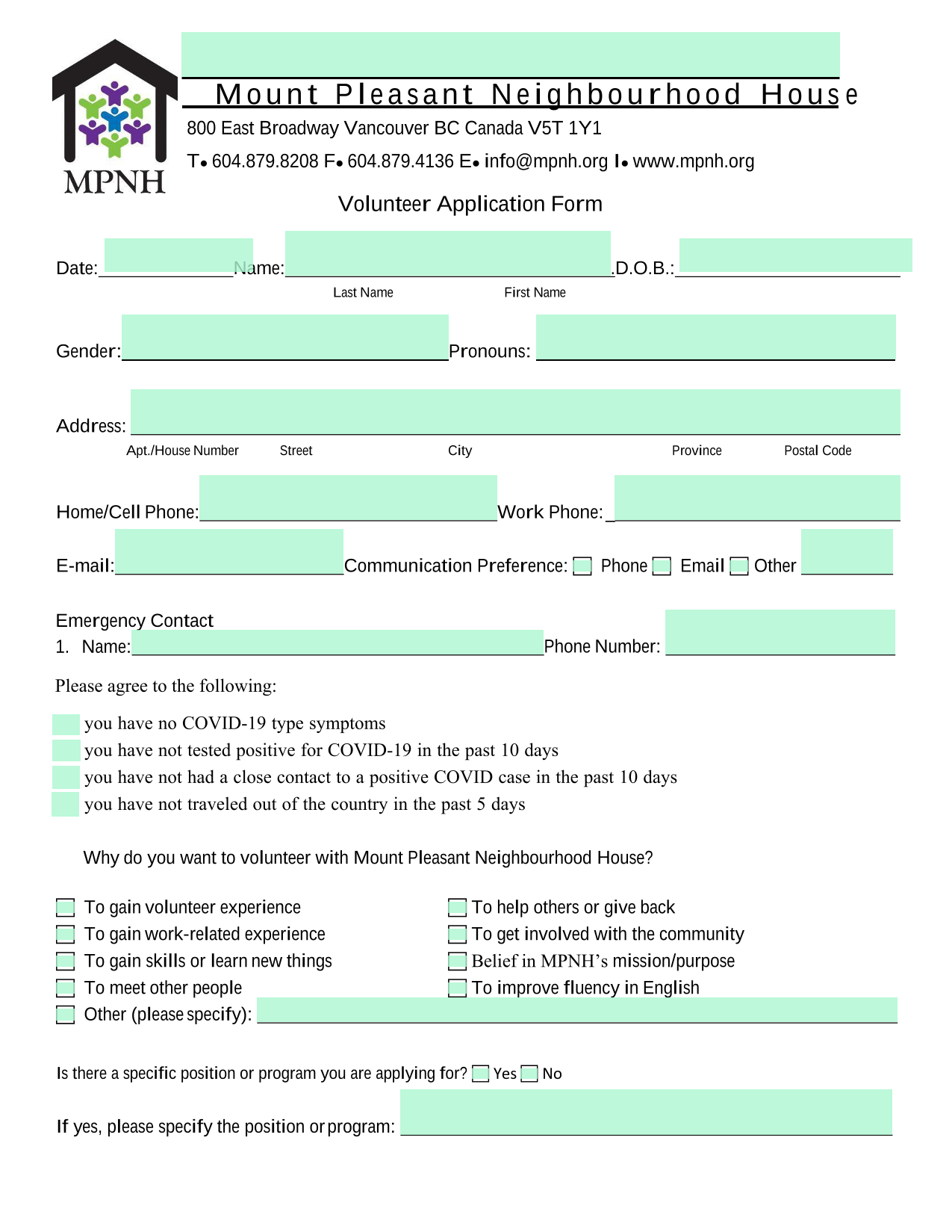 Volunteer Application Form screenshot