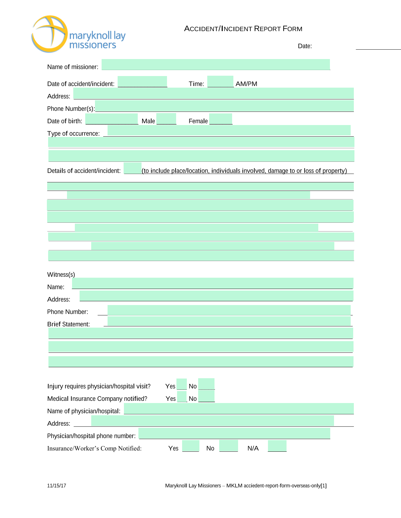 ACCIDENTINCIDENT REPORT FORM screenshot