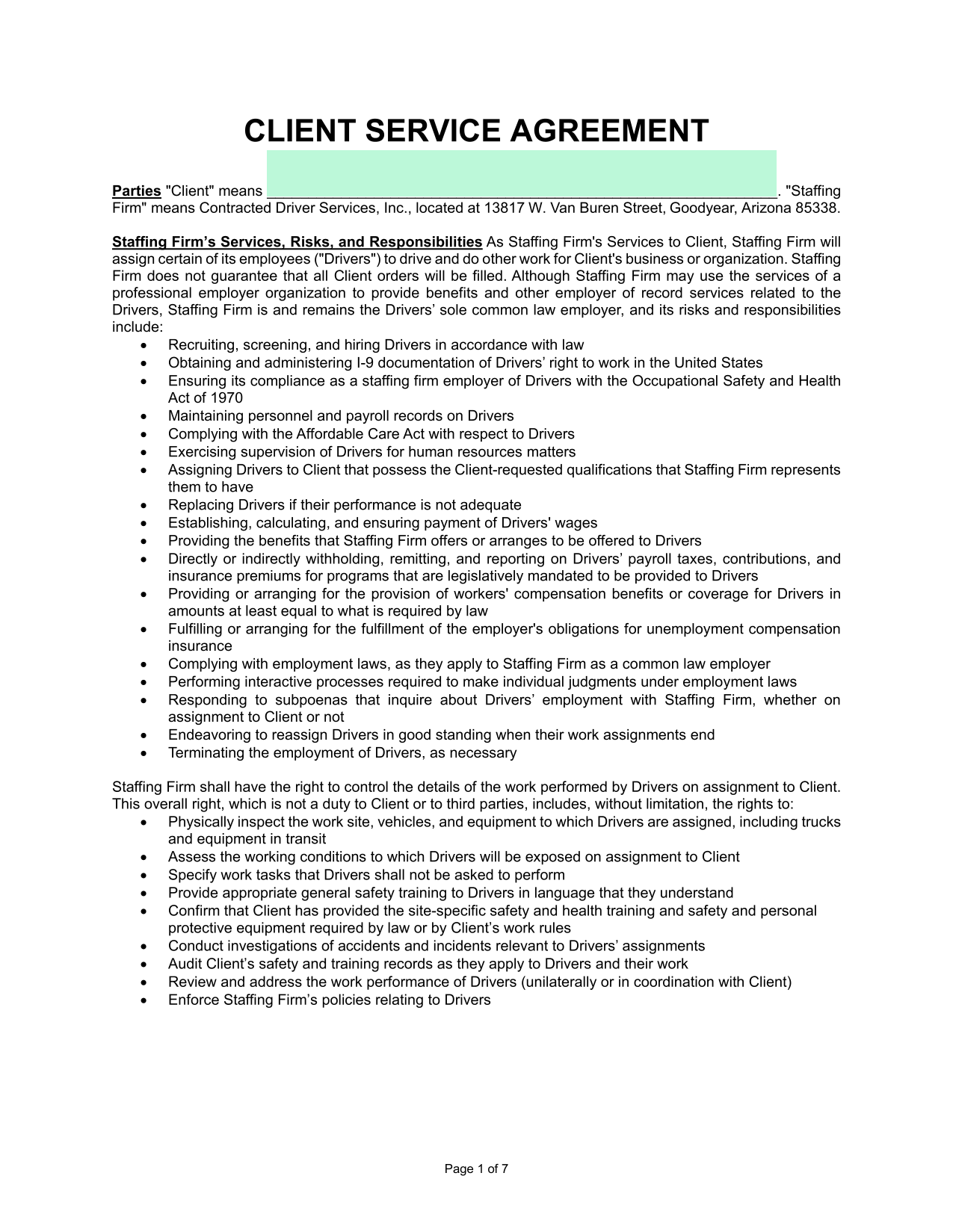Client Service Agreement screenshot