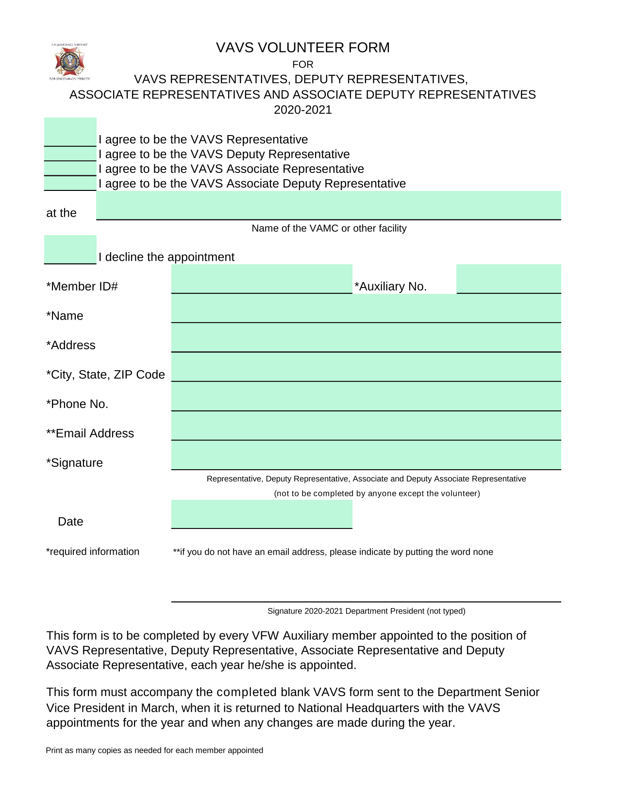 VAVS Volunteer Form screenshot